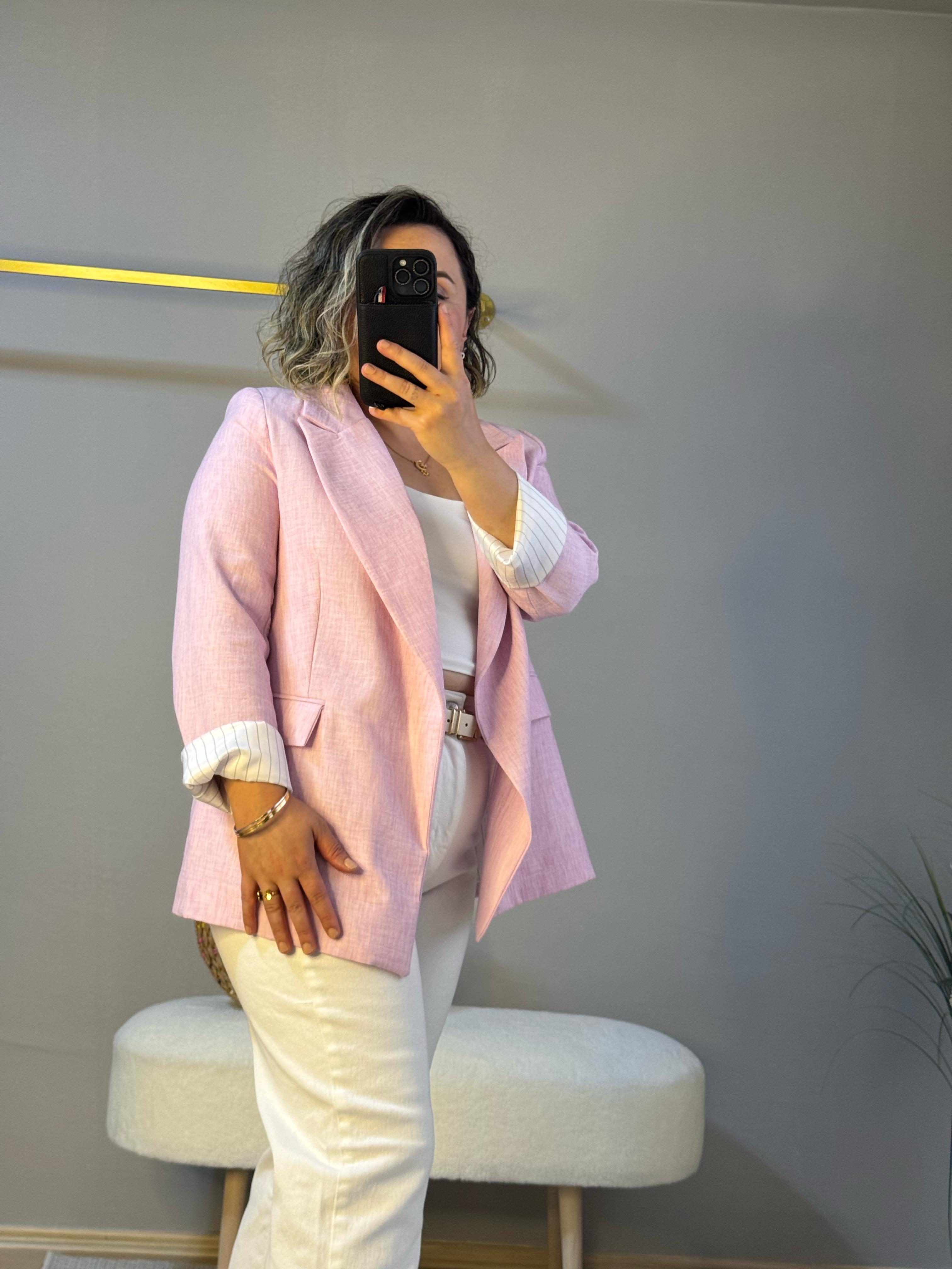 Yıkamalı keten ceket pudra pembe