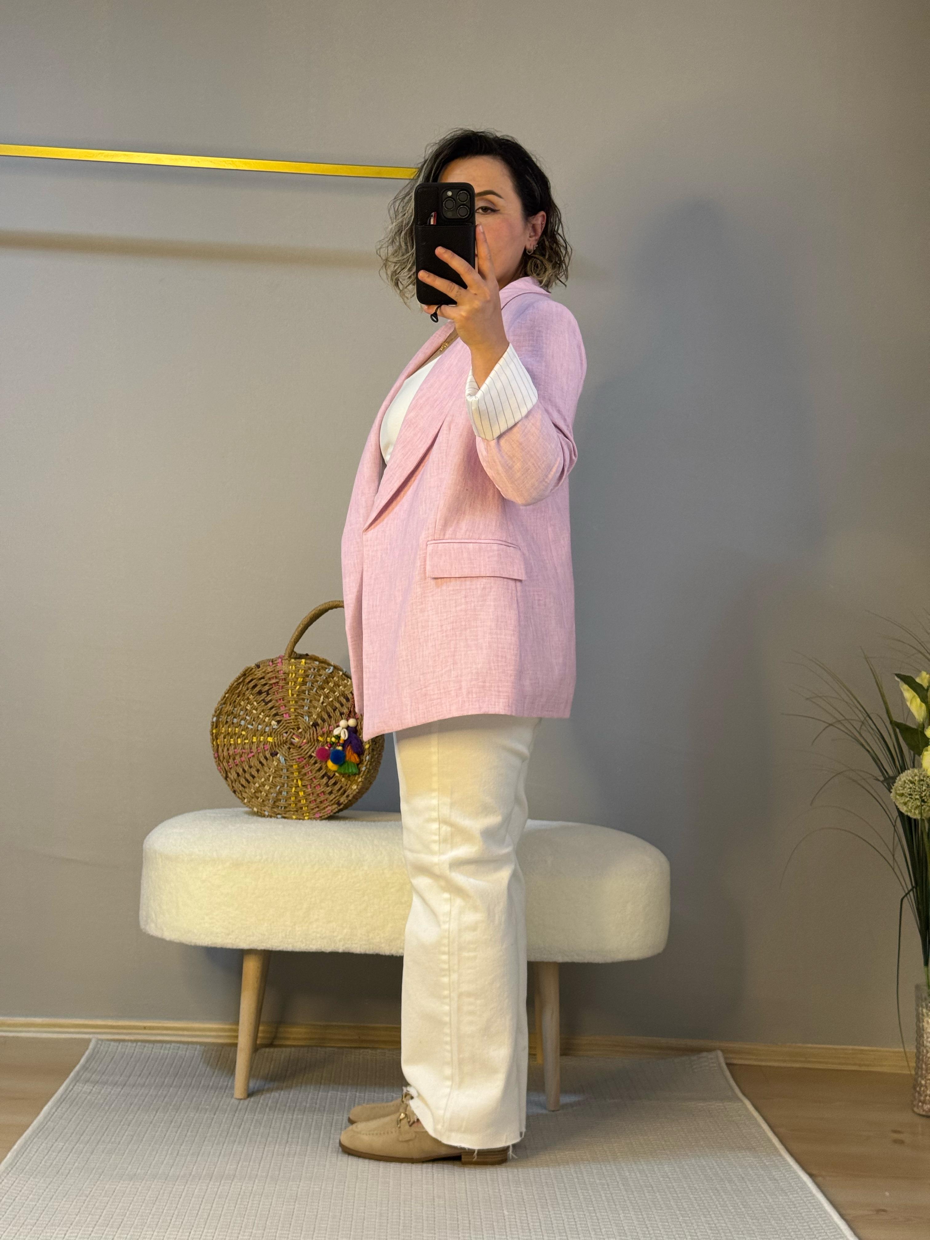 Yıkamalı keten ceket pudra pembe