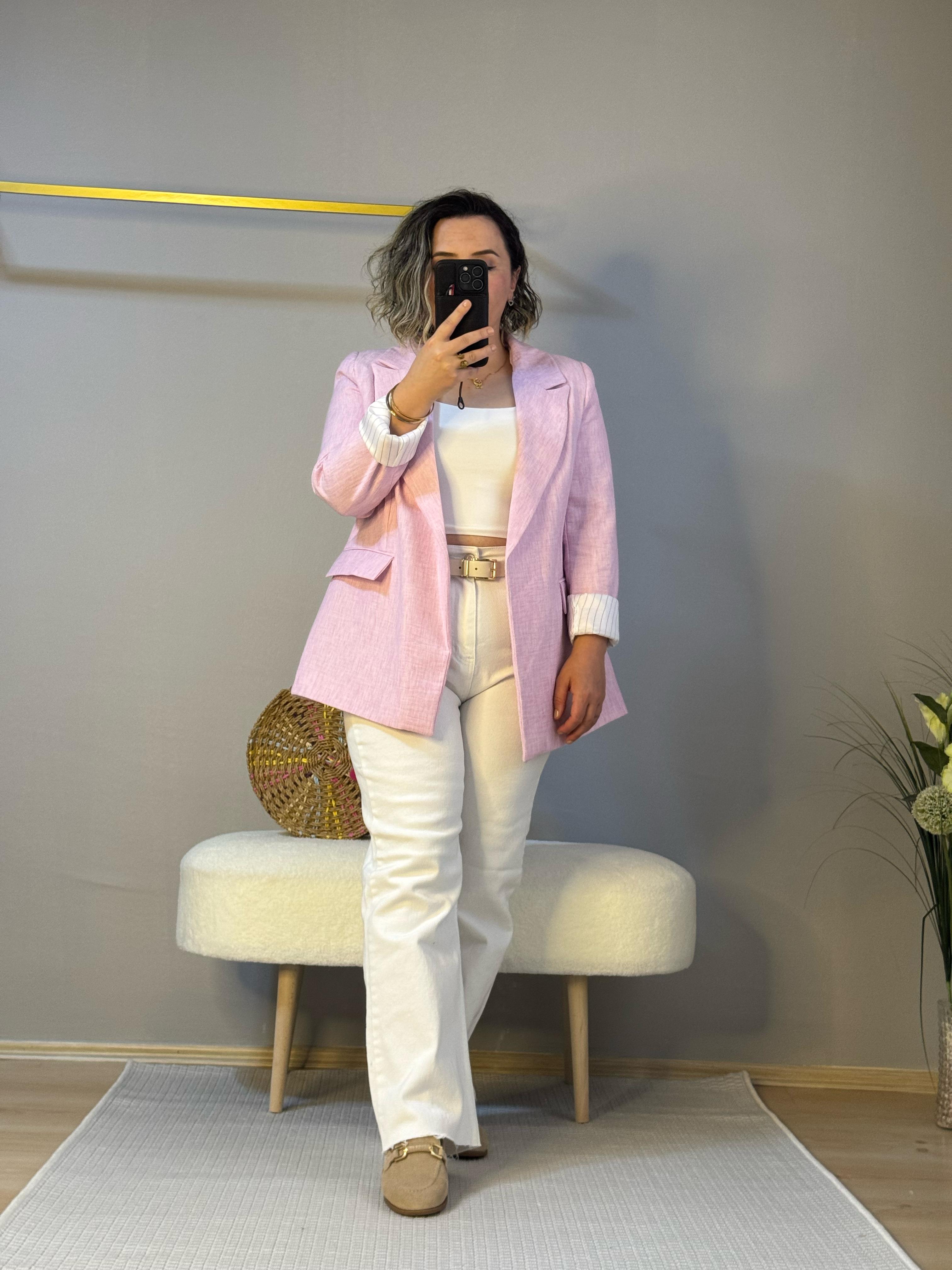 Yıkamalı keten ceket pudra pembe
