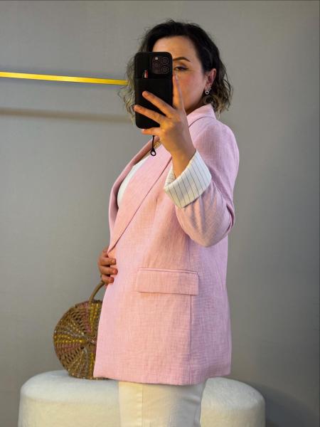 Yıkamalı keten ceket pudra pembe