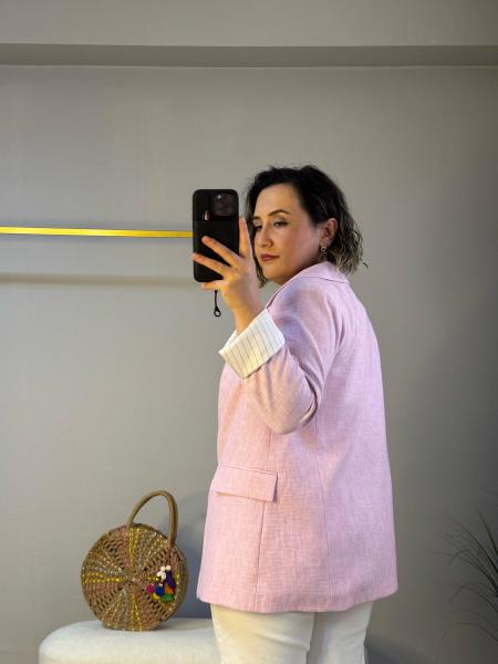 Yıkamalı keten ceket pudra pembe