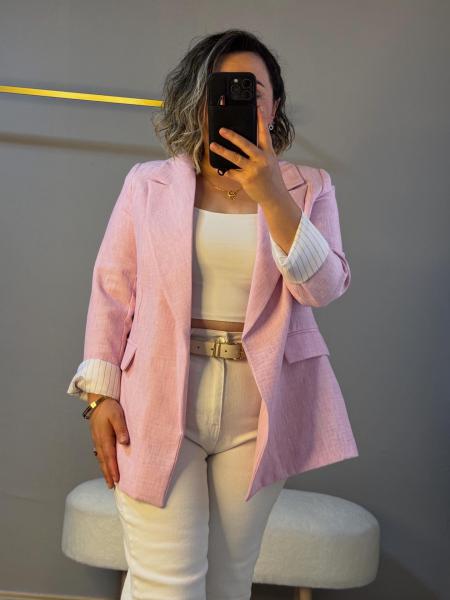 Yıkamalı keten ceket pudra pembe