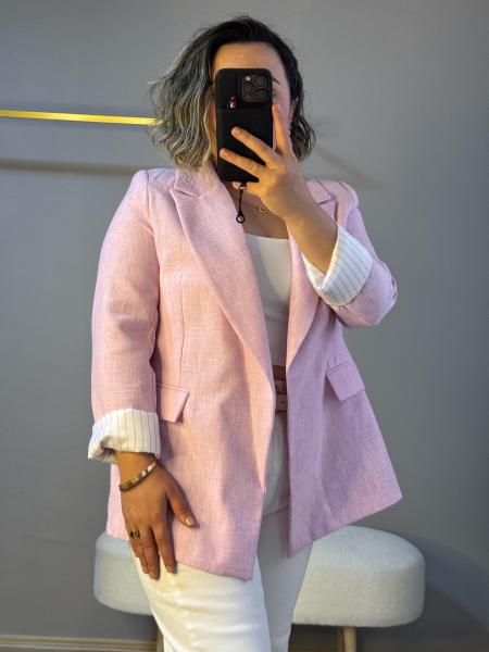 Yıkamalı keten ceket pudra pembe